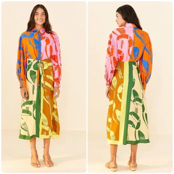 Farm Rio size XLmixed rainbow toucans midi dress multi - Picture 2 of 10